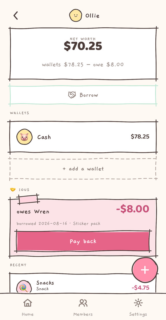 The Fiabelle member screen on iPhone: an IOU note between two family members, with the pay-back action beneath it.