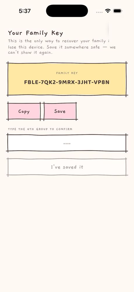 The Family Key screen showing a one-time backup code to save